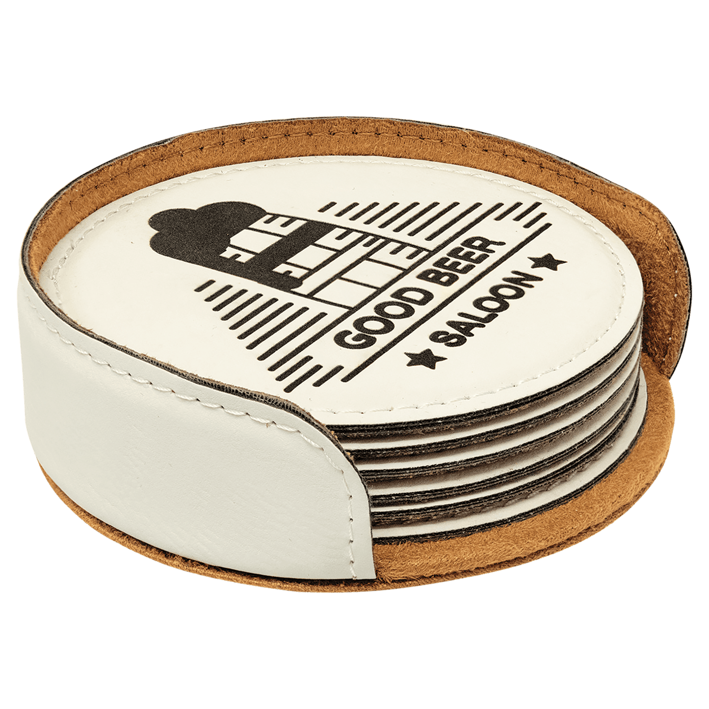 4" Round White Laser Engrave Leatherette Coaster Set of 6
