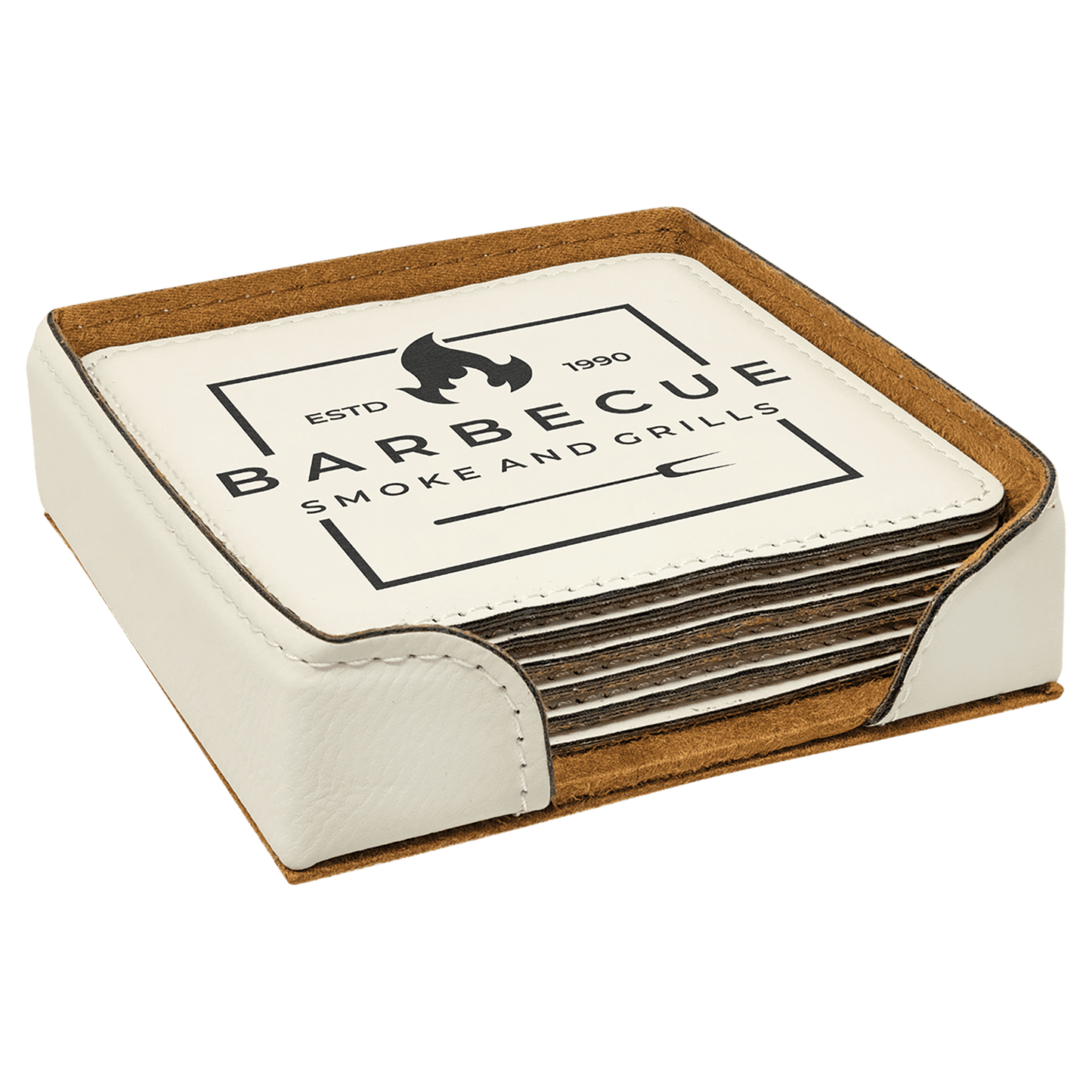 4" x 4" Square White Laser Engraved Leatherette Coaster Set of 6