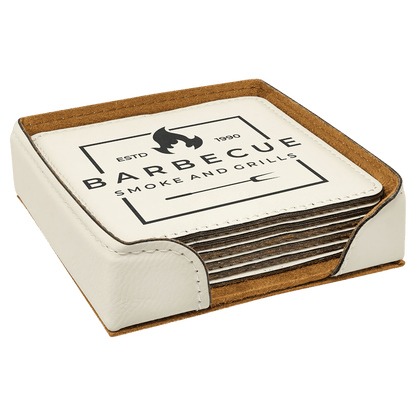 4" x 4" Square White Laser Engraved Leatherette Coaster Set of 6