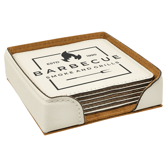 4" x 4" Square White Laser Engraved Leatherette Coaster Set of 6