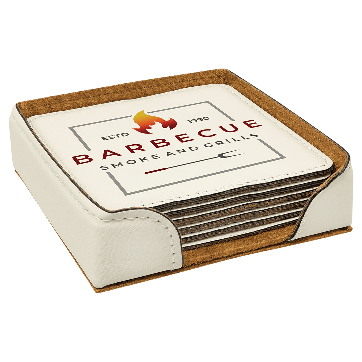 4" x 4" Square White UV Printed Leatherette Coaster Set of 6