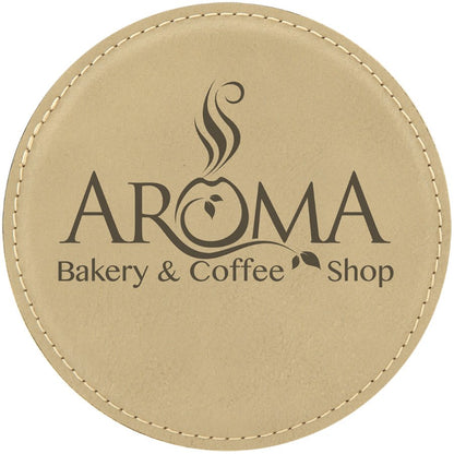 4" Round White Laser Engrave Leatherette Coaster Set of 6