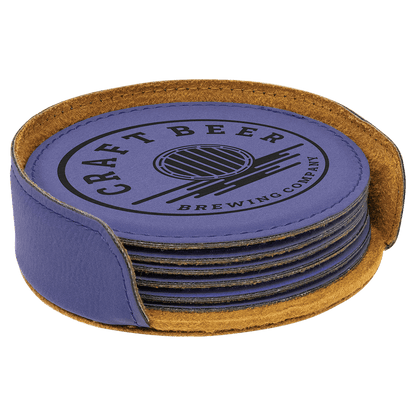 4" Round White Laser Engrave Leatherette Coaster Set of 6