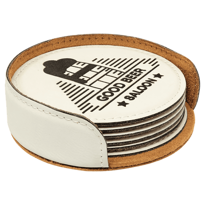 4" Round White Laser Engrave Leatherette Coaster Set of 6